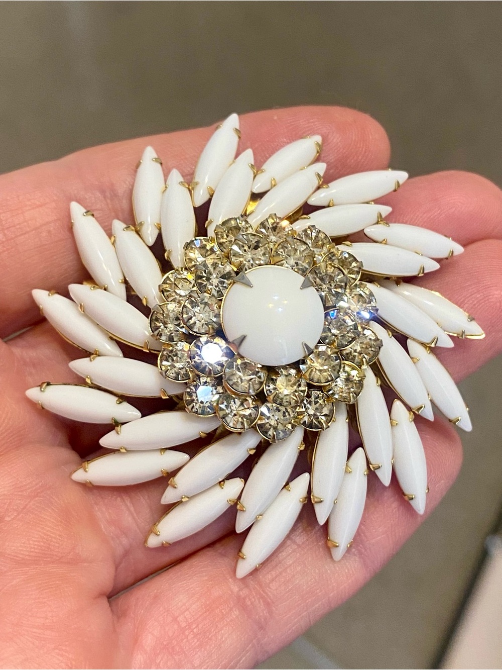 Vintage Judy Lee White Milk Glass Rhinestone Brooch